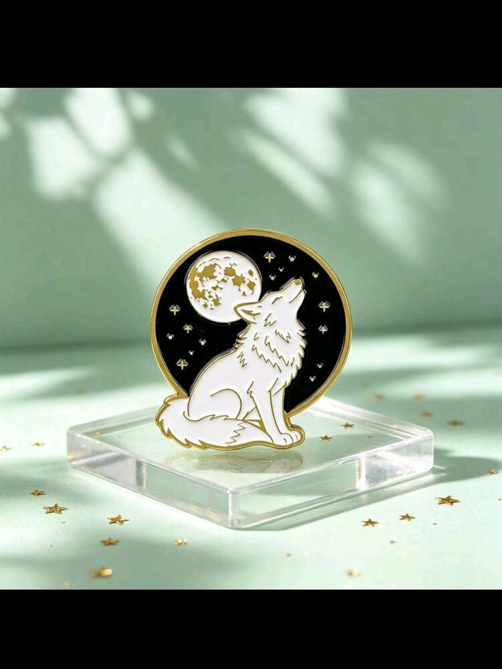 White Wolf Enamel Brooch with Gold Trim and Black Moon